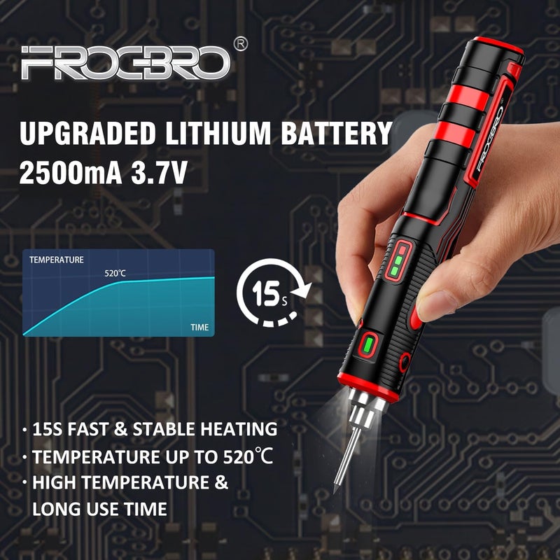 FrogBro ترقية مجموعة مكواة لحام لاسلكية 11 واط 2500 مللي أمبير، تسخين سريع بحد أقصى 968℉، محمولة قابلة لإعادة الشحن عبر USB بسعة عالية مع مستشعر لمسي وضوء LED - Image 3